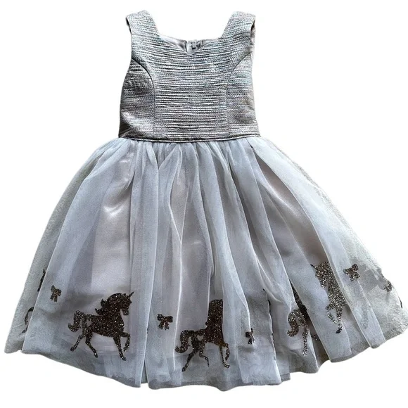 Toddler Girl's Zunie Brocade Unicorn Border Metallic Dress, Size 2T - Beige